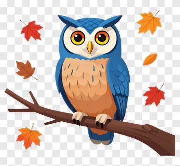 Cartoon Owl Sitting On A Branch With Autumn Leaves PNG