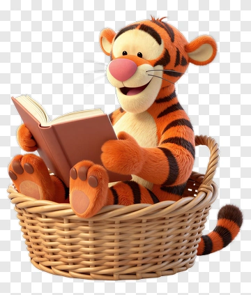 Cartoon Tiger Reading A Book In A Basket PNG