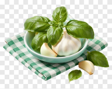 Basil And Garlic In A Bowl PNG