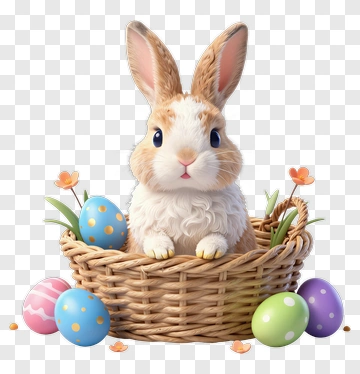 Cute Rabbit In An Easter Basket With Colorful Eggs PNG