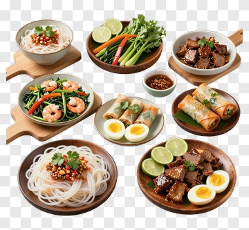 Variety Of Asian Dishes With Noodles And Seafood PNG