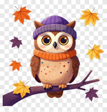 Cartoon Owl Wearing A Purple Hat And Orange Scarf PNG