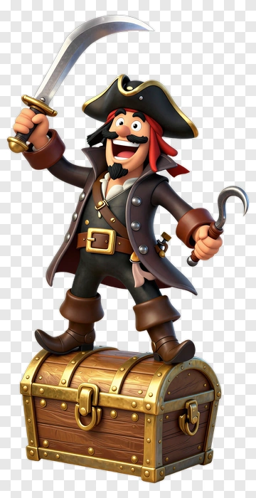 Cartoon Pirate Holding A Sword On Treasure Chest PNG