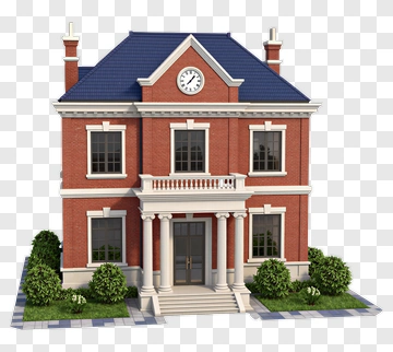 3D Brick House With Clock And Landscape PNG