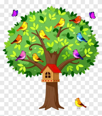 Colorful Tree With Birds And A Birdhouse PNG