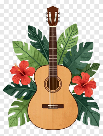 Guitar Surrounded By Tropical Leaves And Hibiscus Flowers PNG
