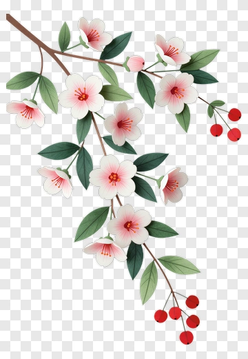 Flowering Branch With Red Berries PNG