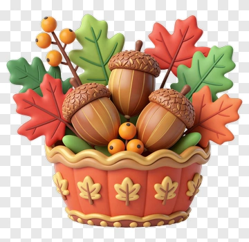 Colorful Acorn Basket With Leaves PNG