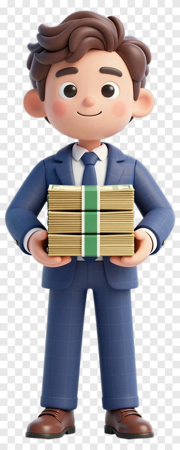 3D Businessman Holding Money Stacks PNG
