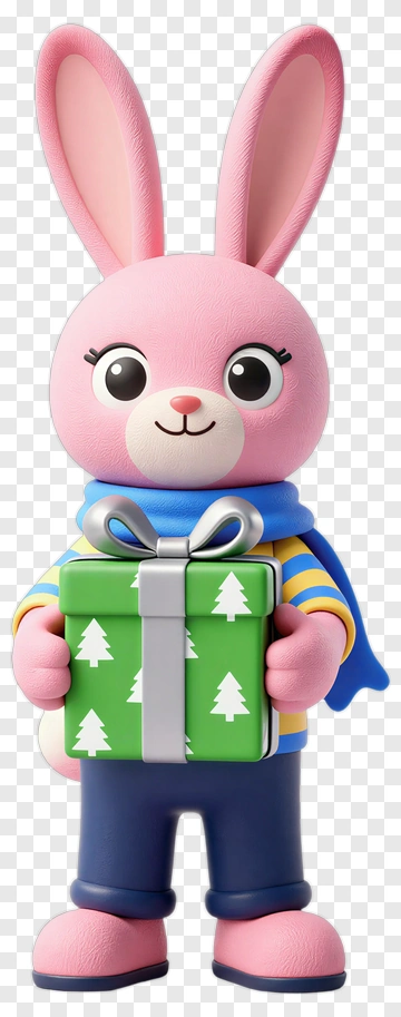 Cartoon Bunny Holding A Christmas Gift PNG