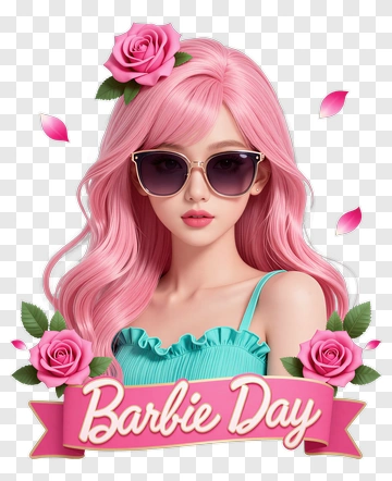 Barbie Day Celebration With Pink Hair And Roses PNG