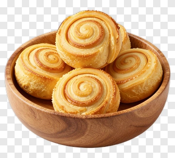 Freshly Baked Cinnamon Rolls In A Wooden Bowl PNG