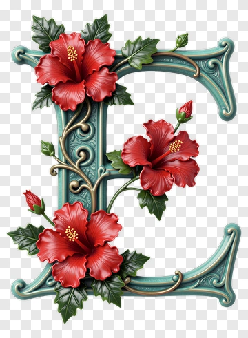 Floral Letter E With Hibiscus Flowers PNG