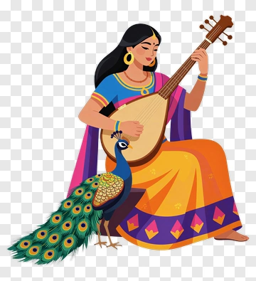 Woman Playing A Musical Instrument With A Peacock PNG