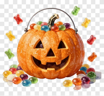 Halloween Pumpkin Candy Bucket Filled With Jelly Beans PNG