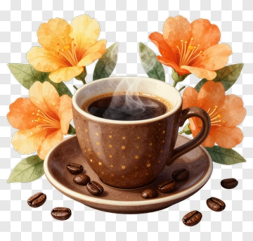 Coffee Cup Surrounded By Flowers PNG