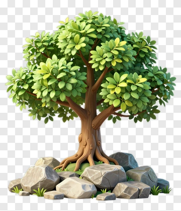 3D Tree With Rocks And Grass PNG