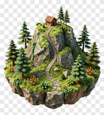 3D Mountain Landscape With House And Pathway PNG