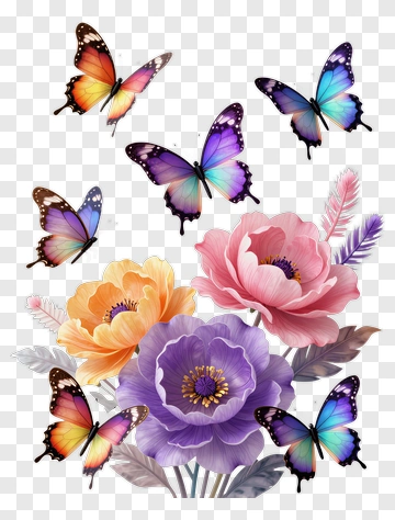 Colorful Butterflies And Flowers PNG
