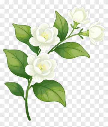 White Flower Branch With Green Leaves PNG