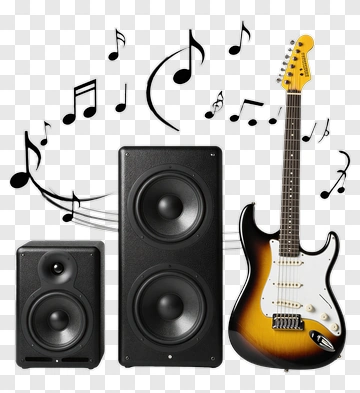 Electric Guitar And Speakers With Musical Notes PNG