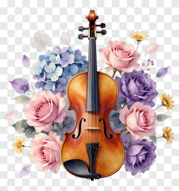 Violin Surrounded By Colorful Flowers PNG