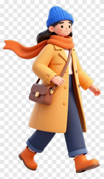 3D Woman Walking In A Yellow Coat And Blue Beanie PNG