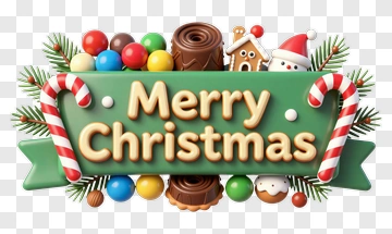 Merry Christmas Sign With Candy And Decorations PNG