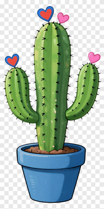 Cartoon Cactus In A Blue Pot With Hearts PNG
