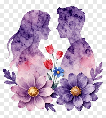 Silhouette Couple Surrounded By Colorful Flowers PNG