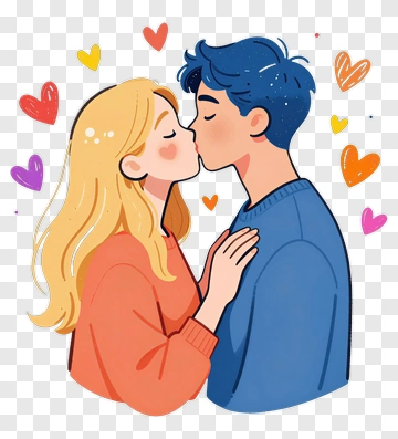 Cartoon Couple Kissing With Colorful Hearts PNG