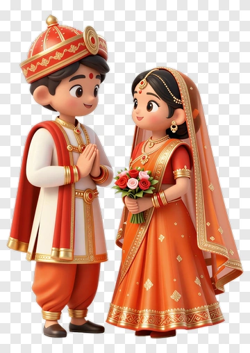 Cartoon Wedding Couple Holding Flowers PNG