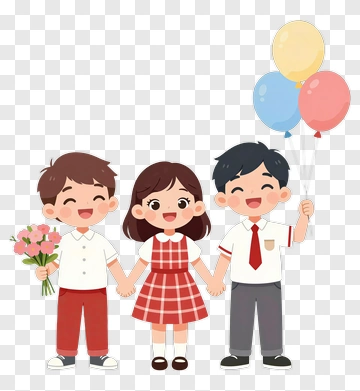 Happy Children Holding Hands With Balloons And Flowers PNG