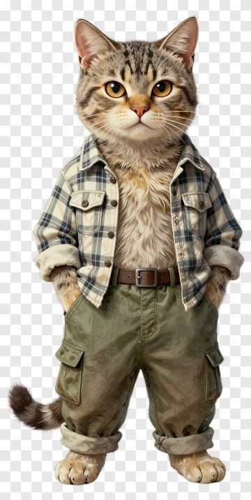 Cat Wearing A Flannel Shirt And Cargo Pants PNG