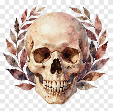 Watercolor Skull Surrounded By Leaves PNG