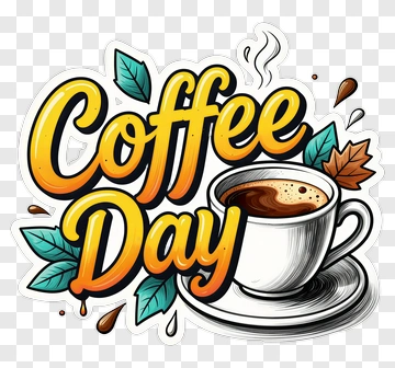 Coffee Day Illustration With Leaves And Cup PNG