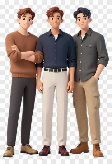 Three Cartoon Men Standing Together PNG