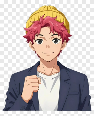 Anime Boy With Pink Hair And Yellow Beanie PNG