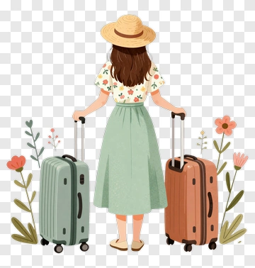 Woman With Luggage In A Floral Setting PNG