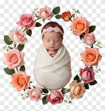 Baby Wrapped In White Blanket Surrounded By Roses PNG
