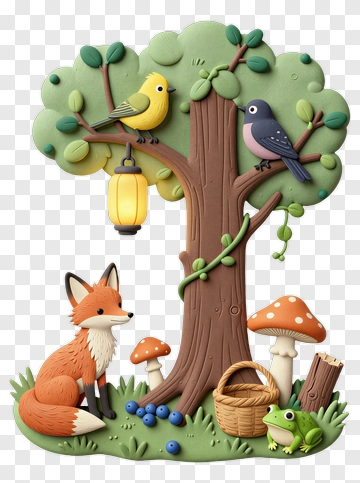 Colorful Tree With Fox And Birds PNG