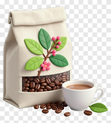 Coffee Bag With Leaves And Cup PNG