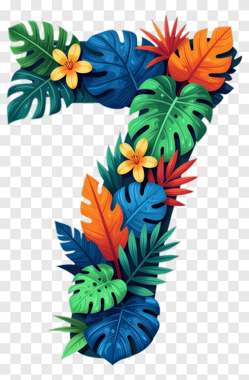 Colorful Number Seven Made Of Tropical Leaves And Flowers PNG