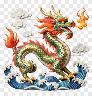 Colorful Chinese Dragon Breathing Fire PNG