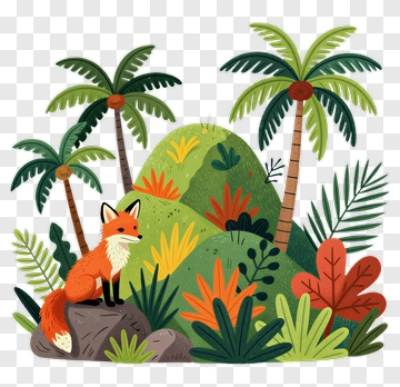 Cartoon Fox In A Tropical Landscape PNG