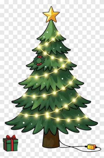 Cartoon Christmas Tree With Lights And Gifts PNG