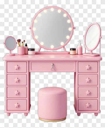Pink Vanity Table With Mirror And Stools PNG