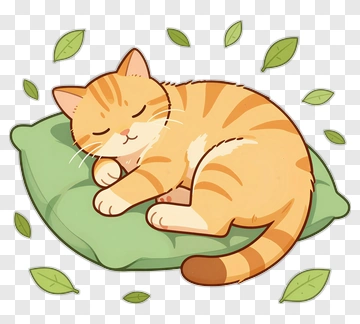 Cartoon Cat Sleeping On A Green Pillow PNG