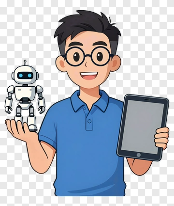 Boy Holding A Robot And Tablet PNG