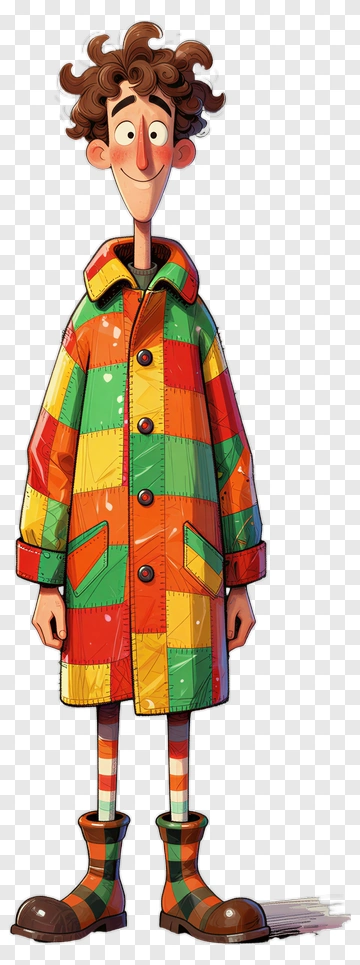 Cartoon Character In Colorful Patchwork Coat PNG